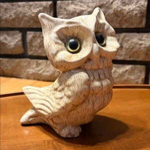 Cream Ceramic Owl Figurine sticker attached- Canadiana pottery